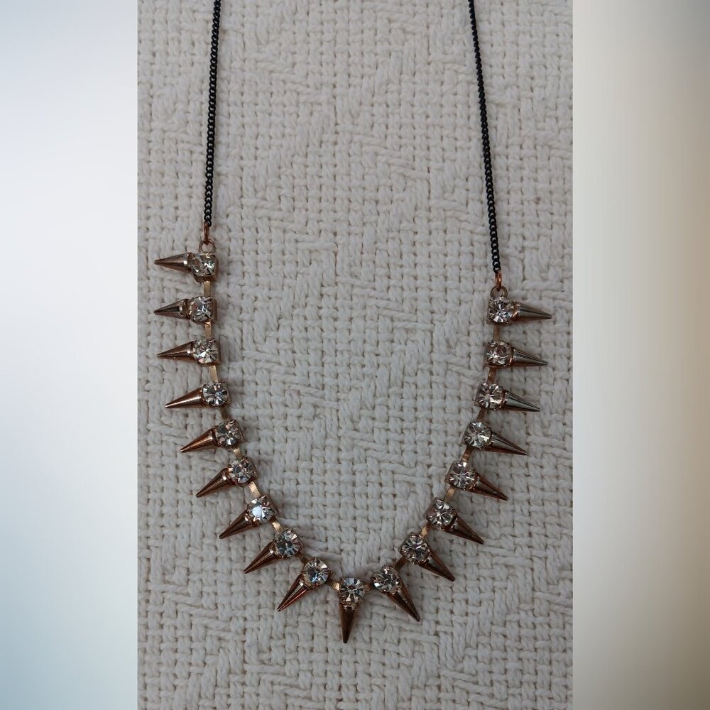 Fashion Long Necklace Unpolished Gold Spikes With Stones and Black Chain